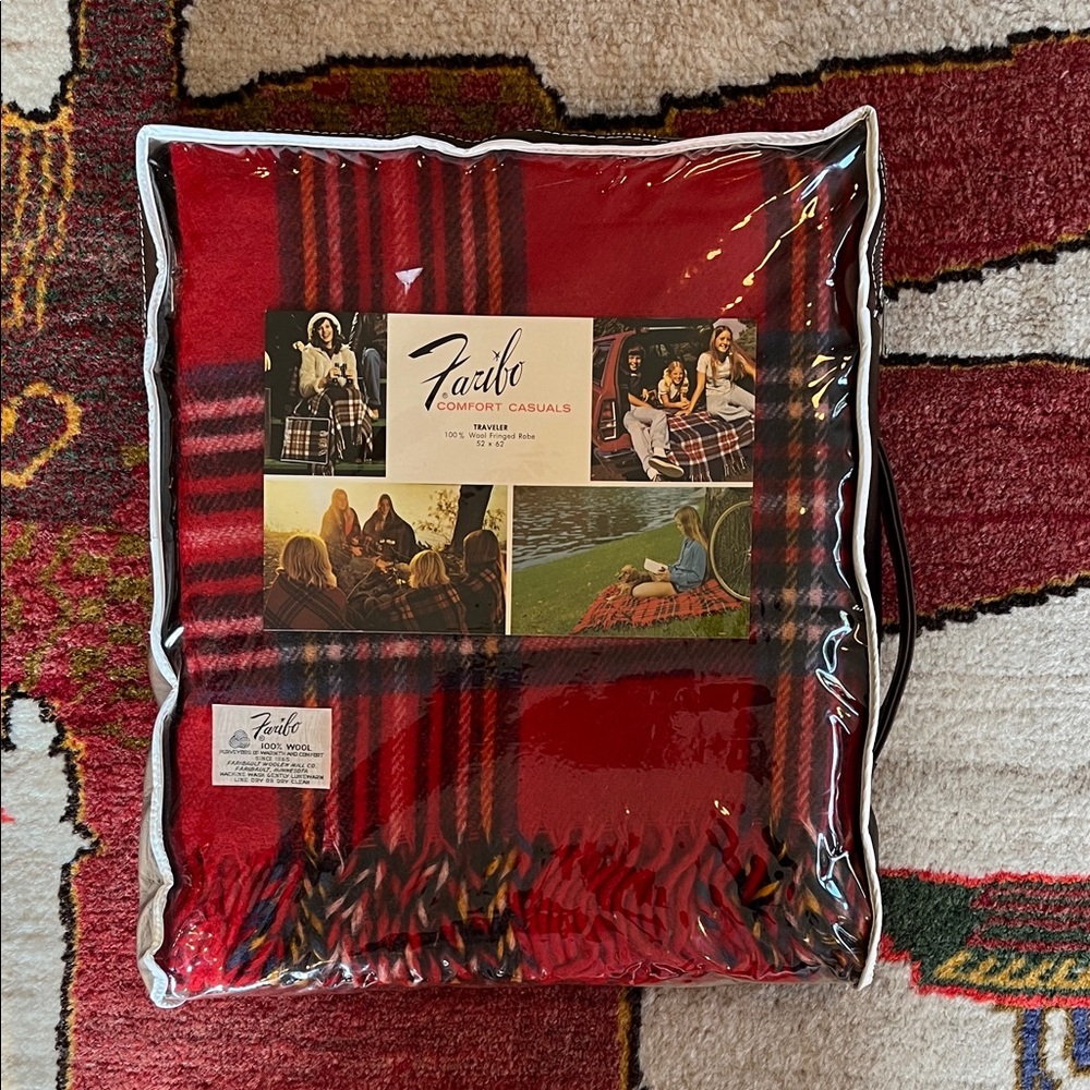 New Vintage Faribo 100% Wool Red Plaid Throw 52 x 62 inches Globetrotter Blanket